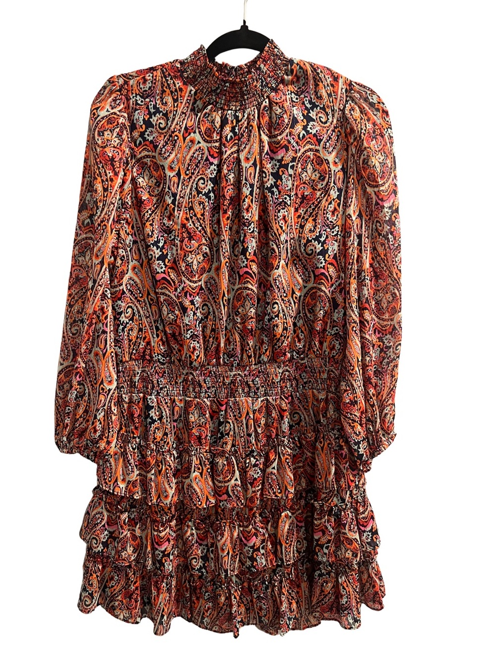 MSK Orange Multi Paisley Long Sleeve Tiered Mini Dress